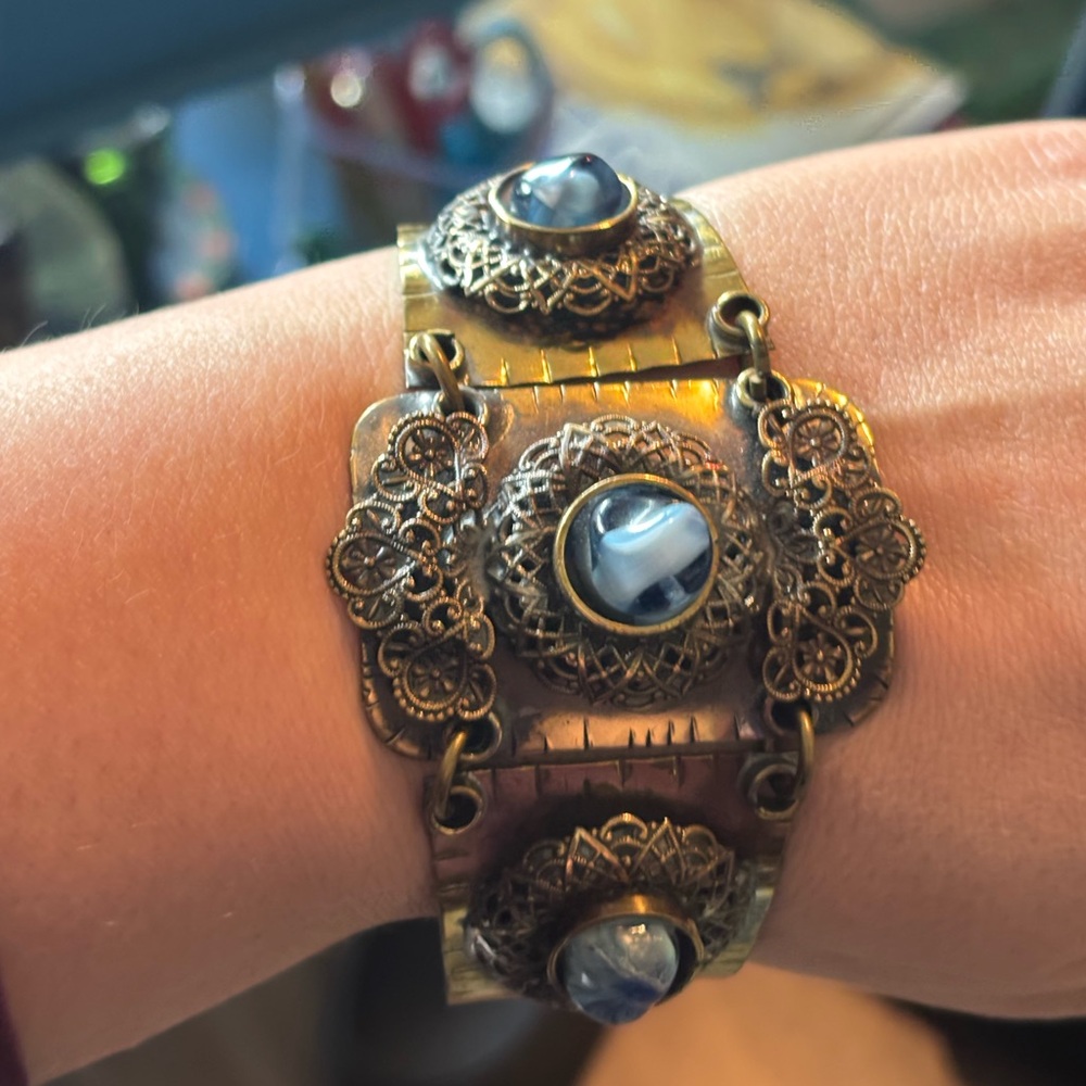 c.1930's 2 Piece Brass Filigree & Marbled Czech Glass Vintage Unique Bracelet